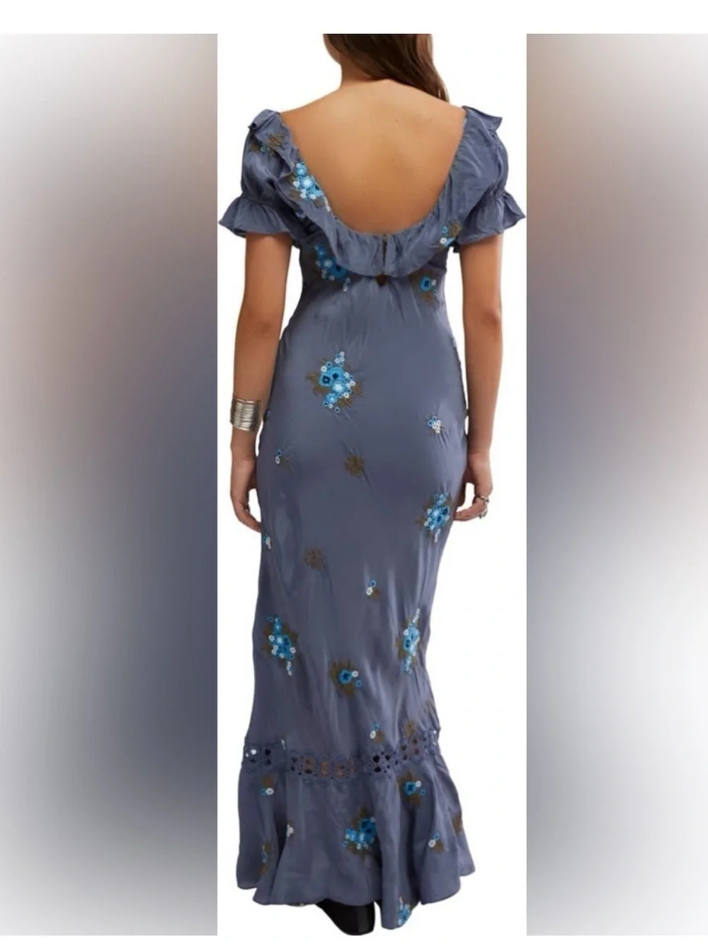 Free People Bali Santa Cruz Ruffle Floral Embroidery Blue Maxi Dress Medium NWT